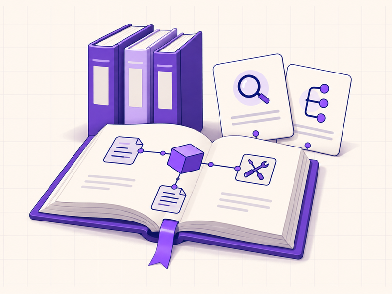 An open AI technology reference guide surrounded by books and research cards