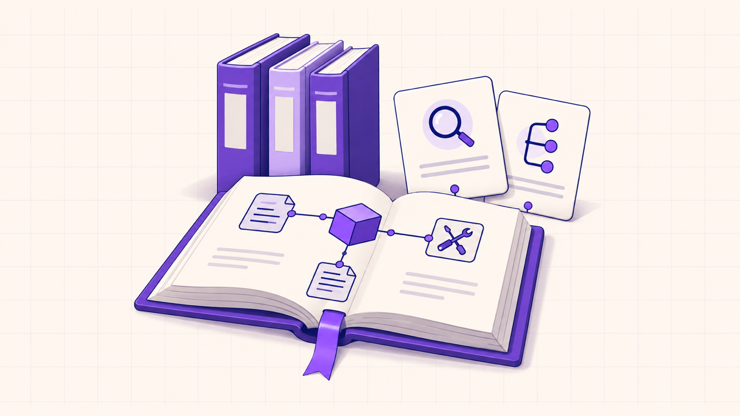 An open AI technology reference guide surrounded by books and research cards