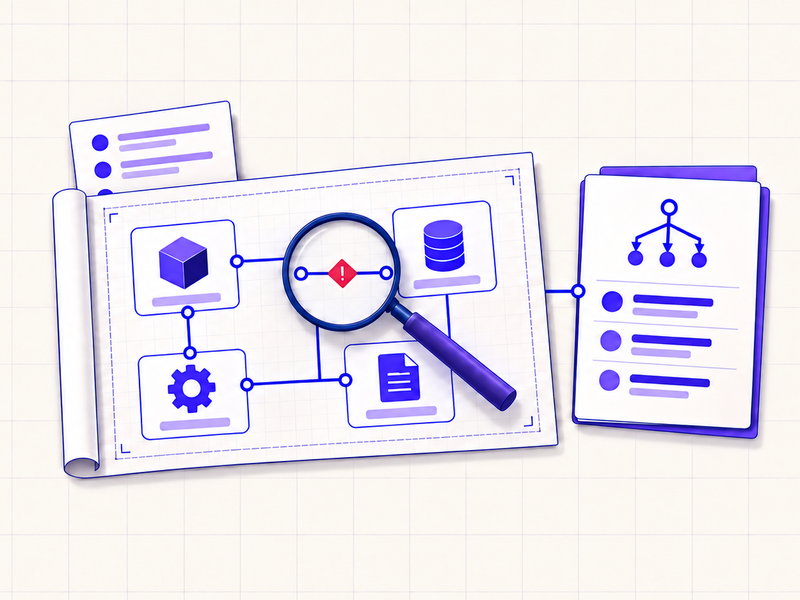 AI system blueprint under a magnifying glass highlighting a risk, connected to a governance decision record.