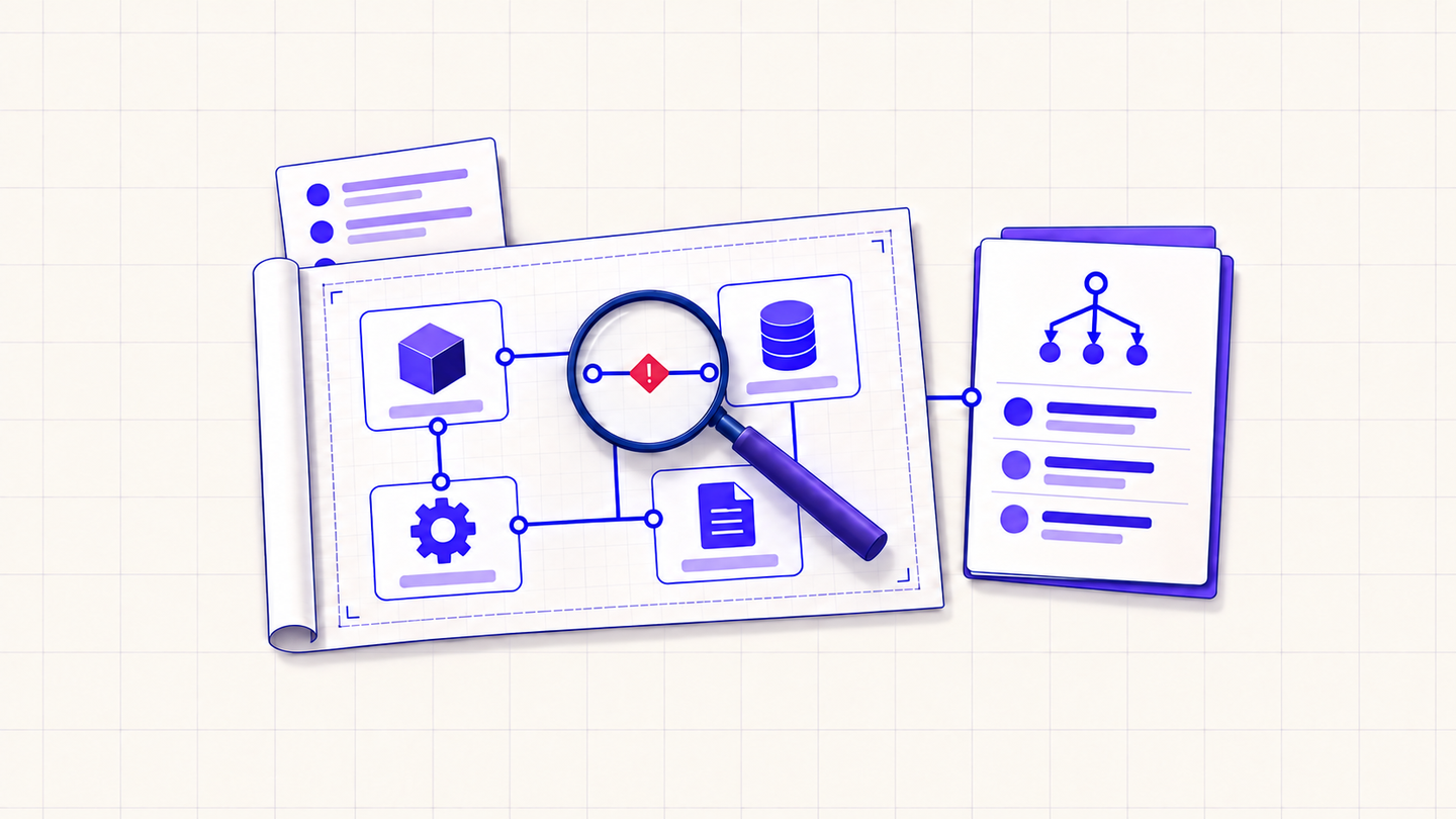 AI system blueprint under a magnifying glass highlighting a risk, connected to a governance decision record.