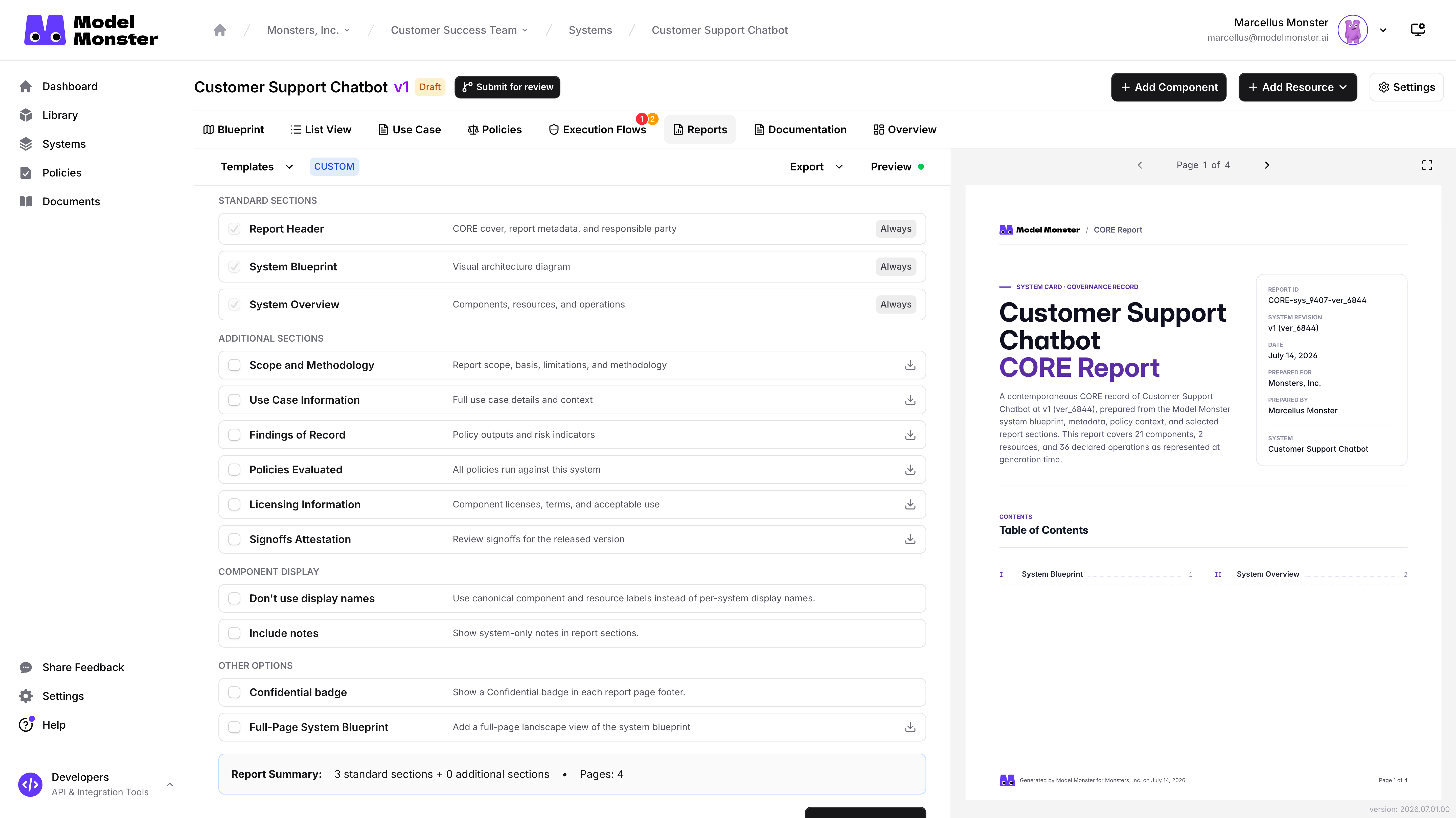 Reports builder with the CORE Report preview visible