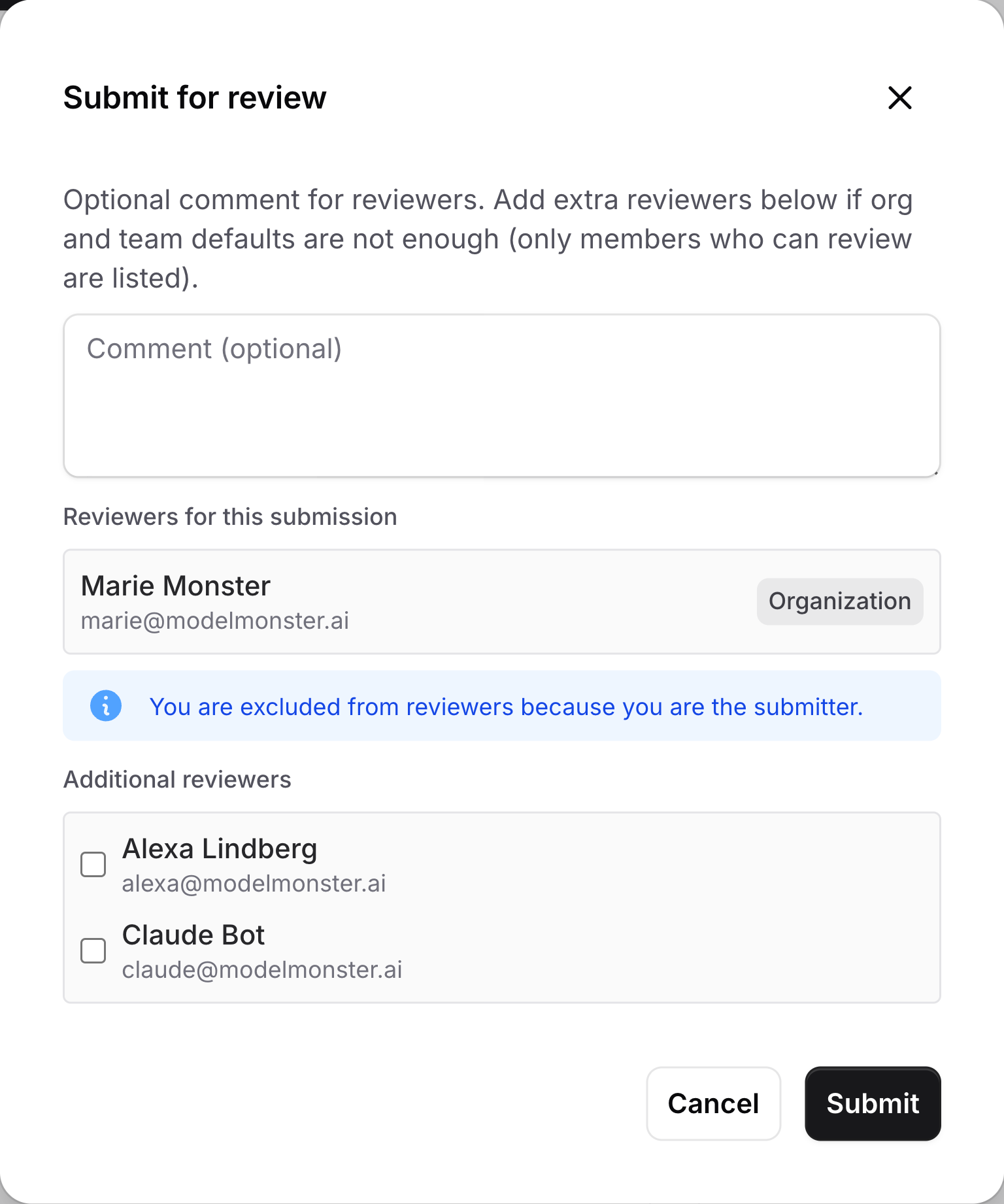 Submit for review dialog showing the optional comment, configured reviewers, additional reviewers, and Submit action