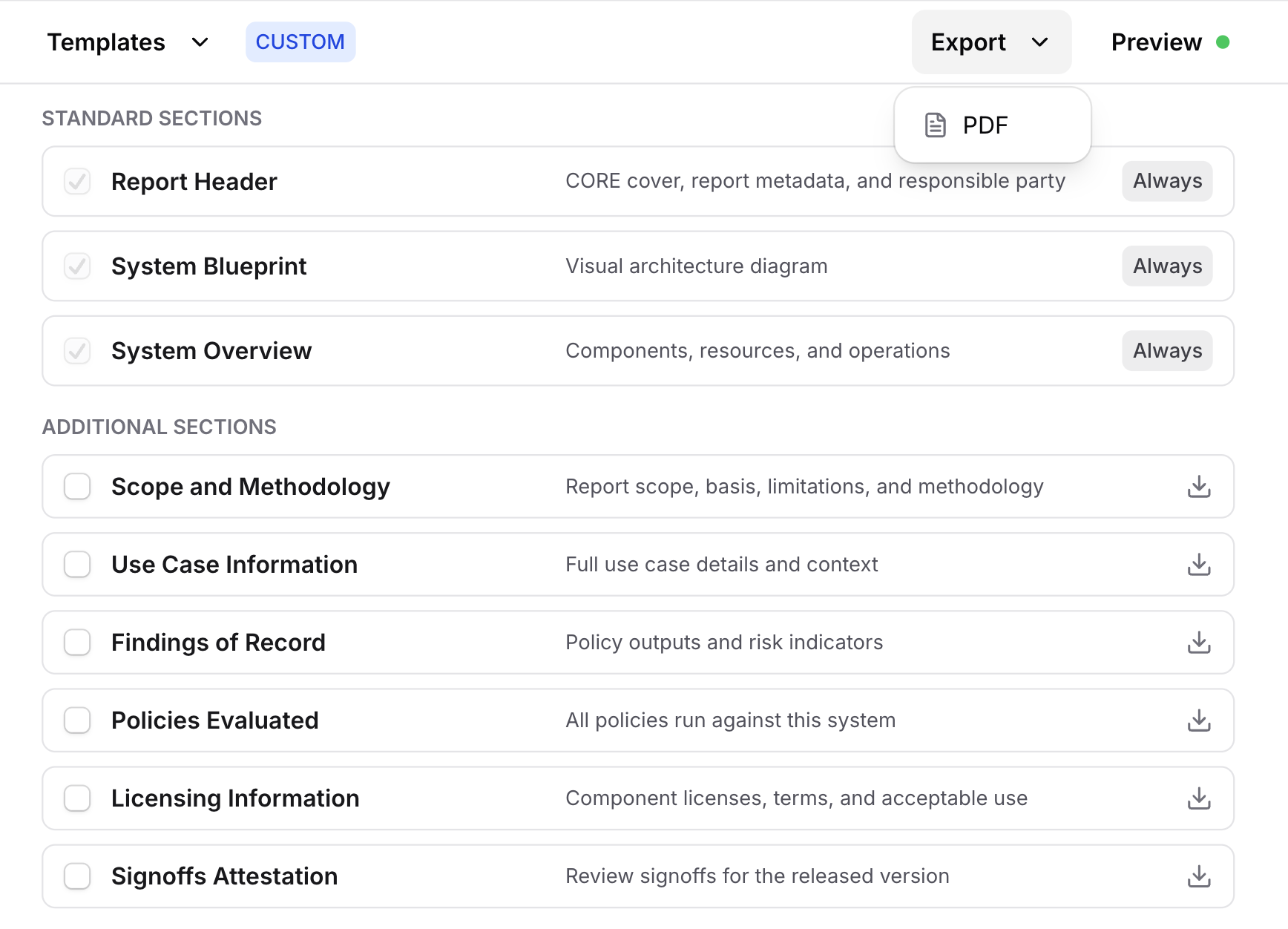 Export menu open with PDF as the available format