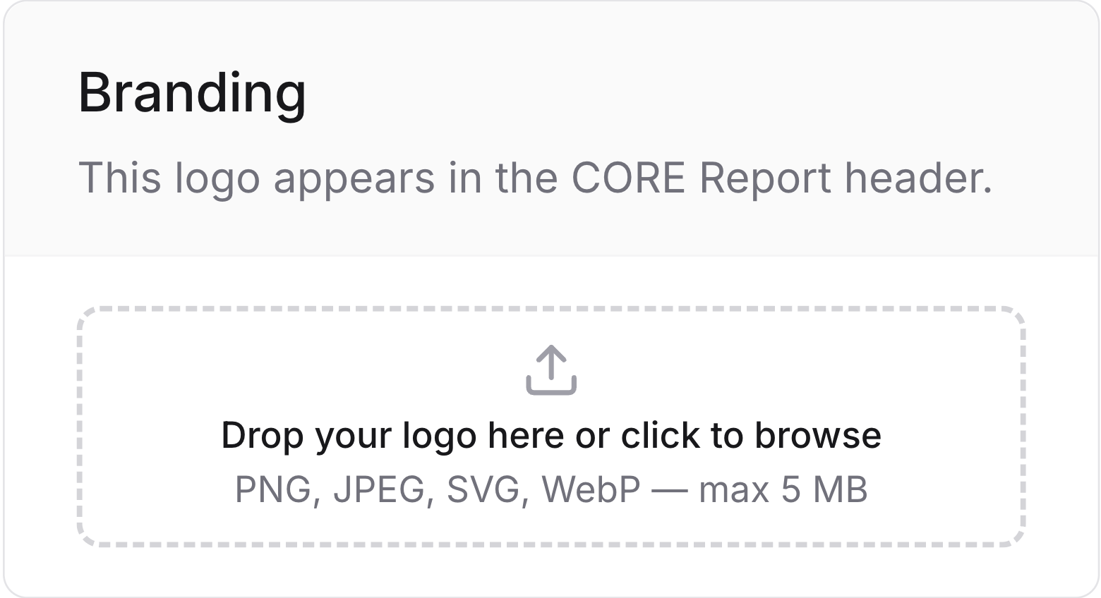 Branding setting showing This logo appears in the CORE Report header and the organization logo control